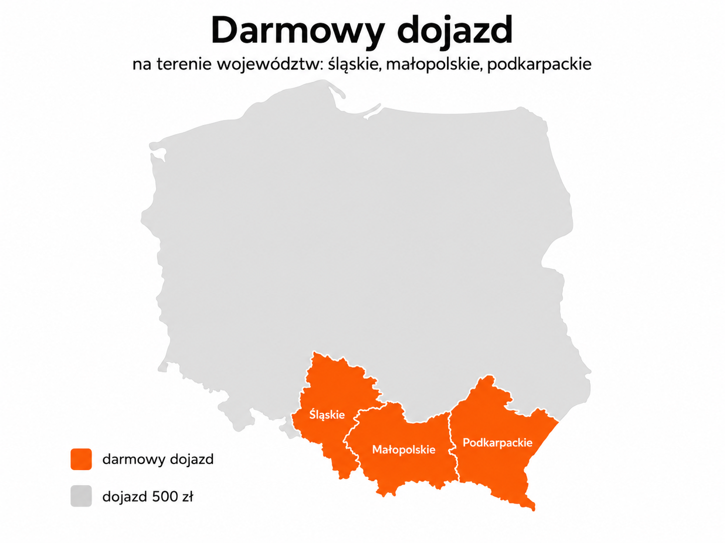 Mapa Polski z zaznaczonym darmowym dojazdem na terenie województw śląskiego, małopolskiego i podkarpackiego